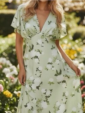 BHLDN Pale Green Floral Deep-V Twist Waist Maxi Dress